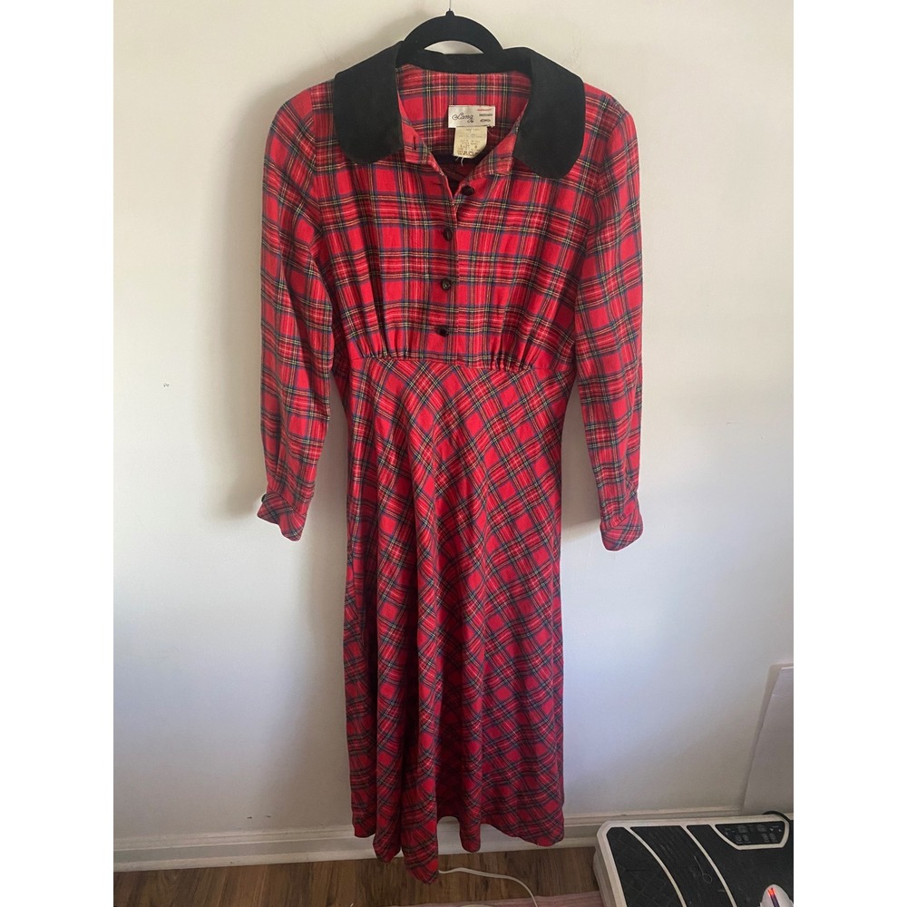 Vintage 1970's Lanz Red Plaid Long‎ Sleeve Dress with Corduroy Collar